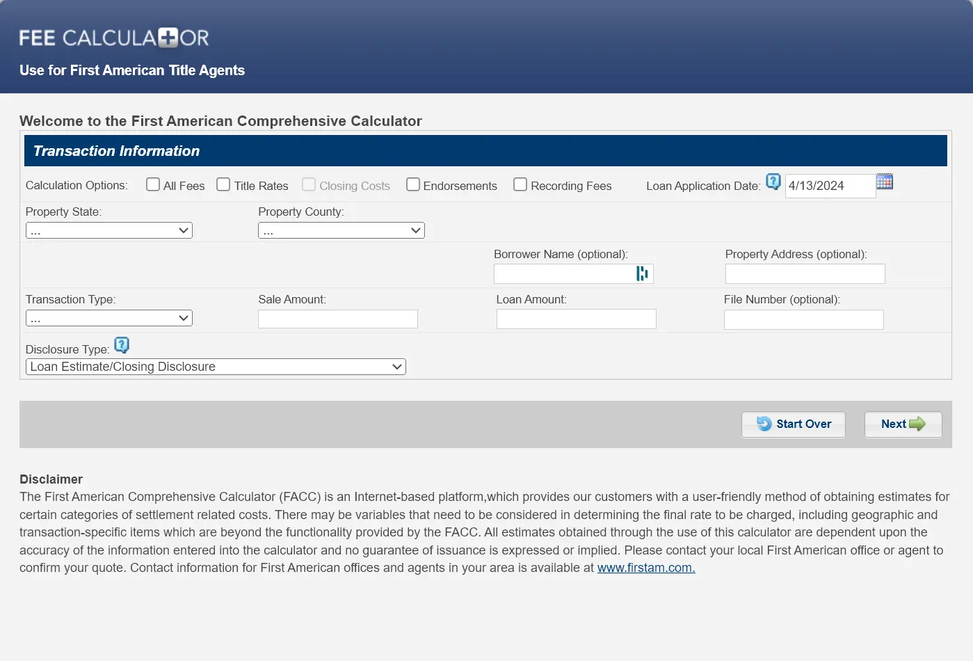 Screenshot of the First American Fee Calculator